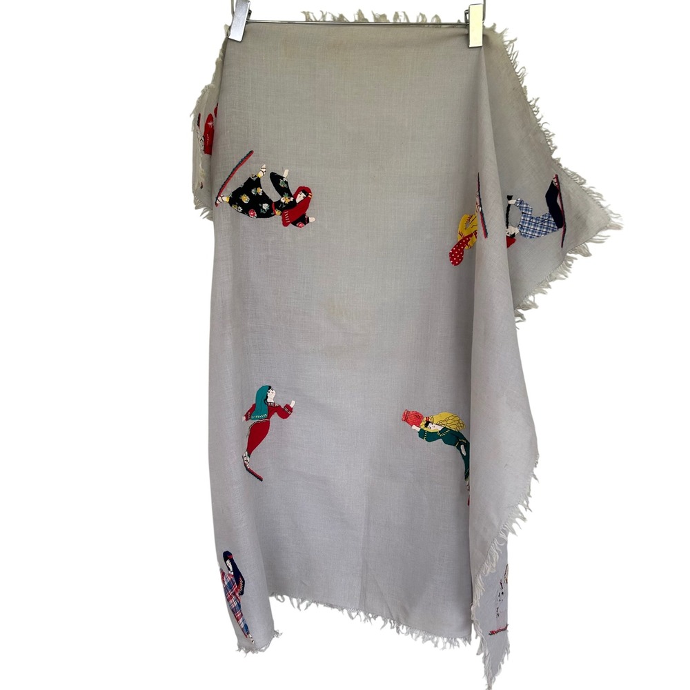 Folk Art Embroidered Linen Tablecloth Square Grey Multicolor Vintage